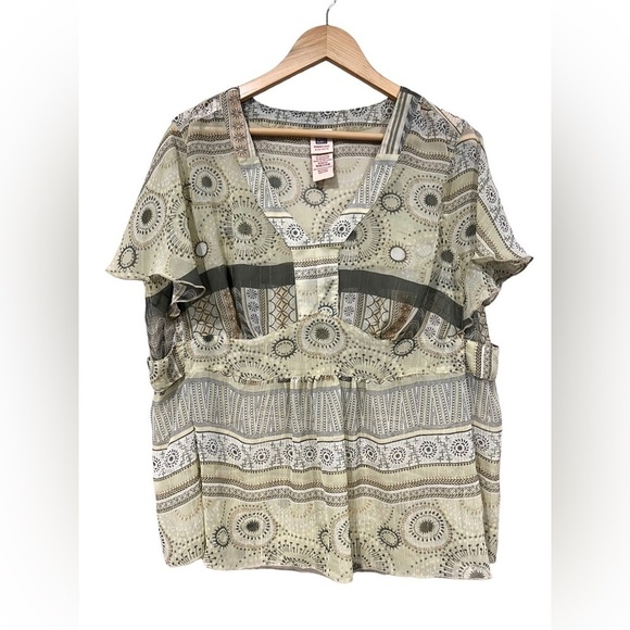 Vintage Faded Glory Sheer Green All Over Print Baby Doll Top Size 18/20 90s Y2k - Picture 2 of 7